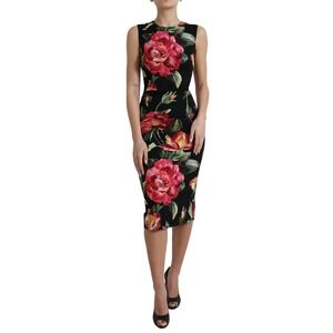 Dolce & Gabbana Black Floral Print Silk Sheath Midi Dress/IT38 | XS/Black NWT